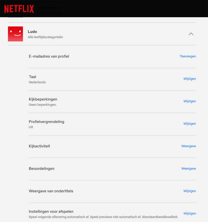 Netflix - profielscherm